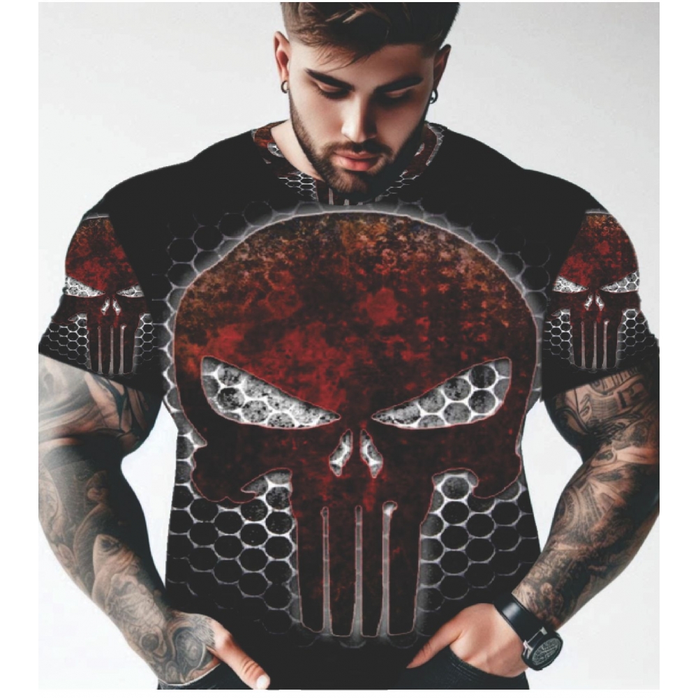 CAMISA CAVEIRA JUSTICEIRO ESTAMPA FLAMES PLUS SIZE